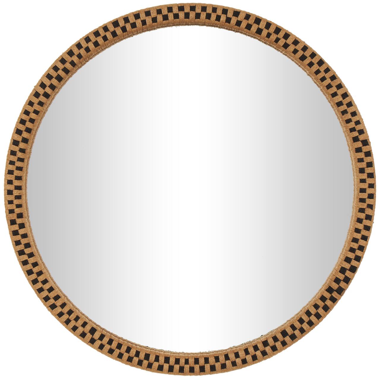 Woven Checkered Rattan Framed Round Wall Mirror